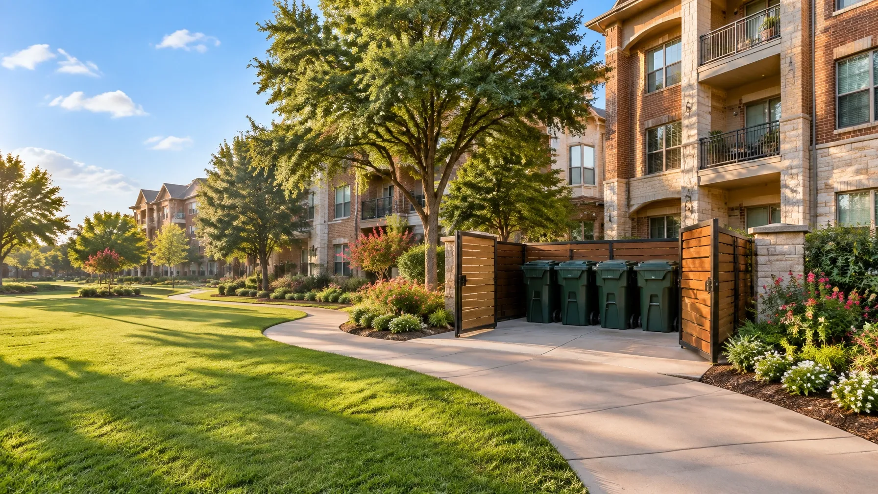 Sunlit brick apartment community beside landscaped grounds